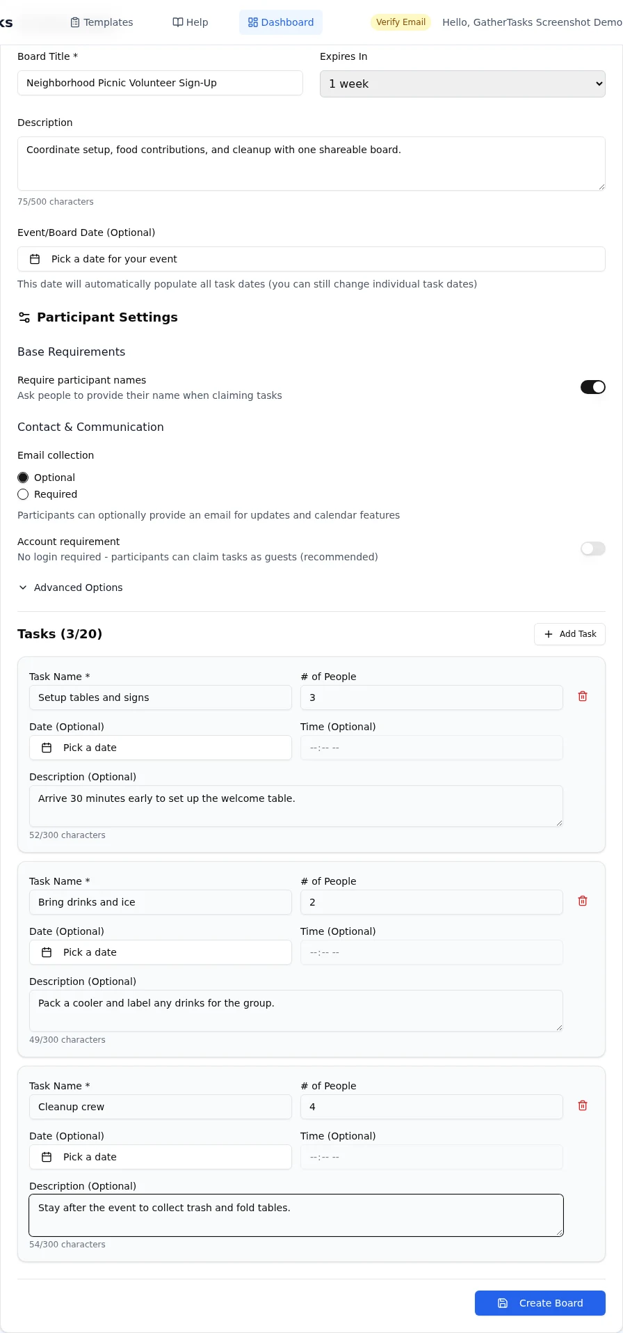 GatherTasks event board setup flow with tasks and descriptions filled in.