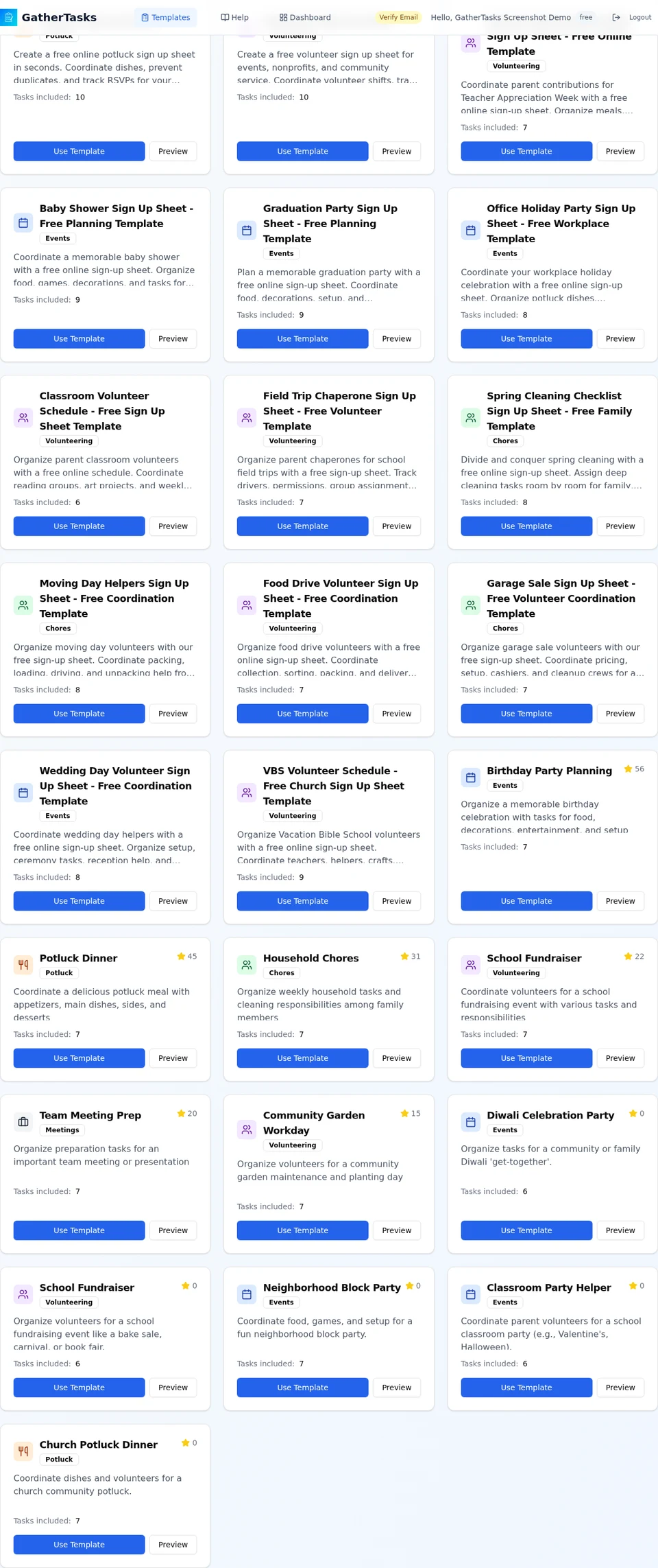 GatherTasks template gallery showing church, volunteer, and event scheduling options.