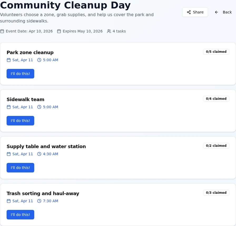 Public GatherTasks board showing open tasks that guests can claim.