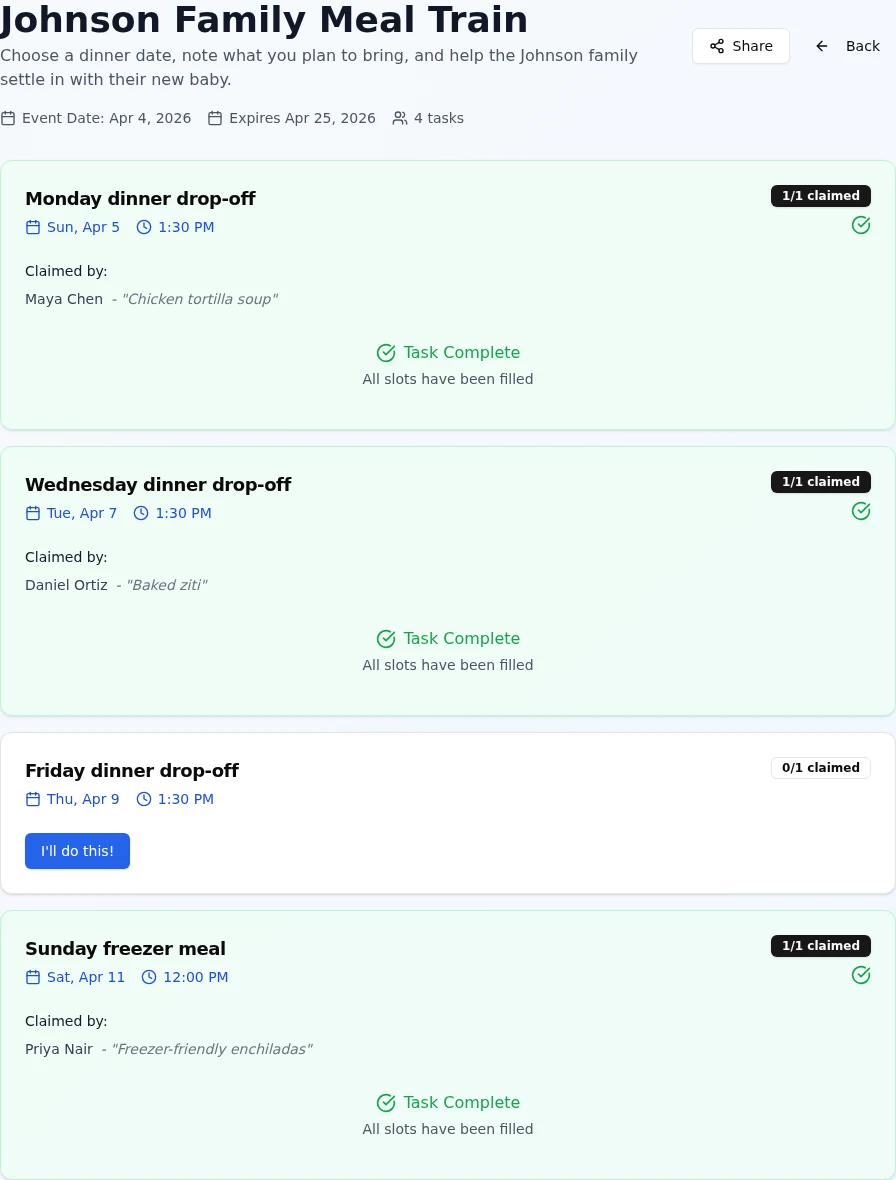 Meal train sign-up board showing which delivery dates are already claimed.