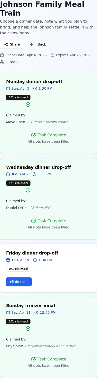 Mobile meal train board in GatherTasks showing claimed and open delivery days.