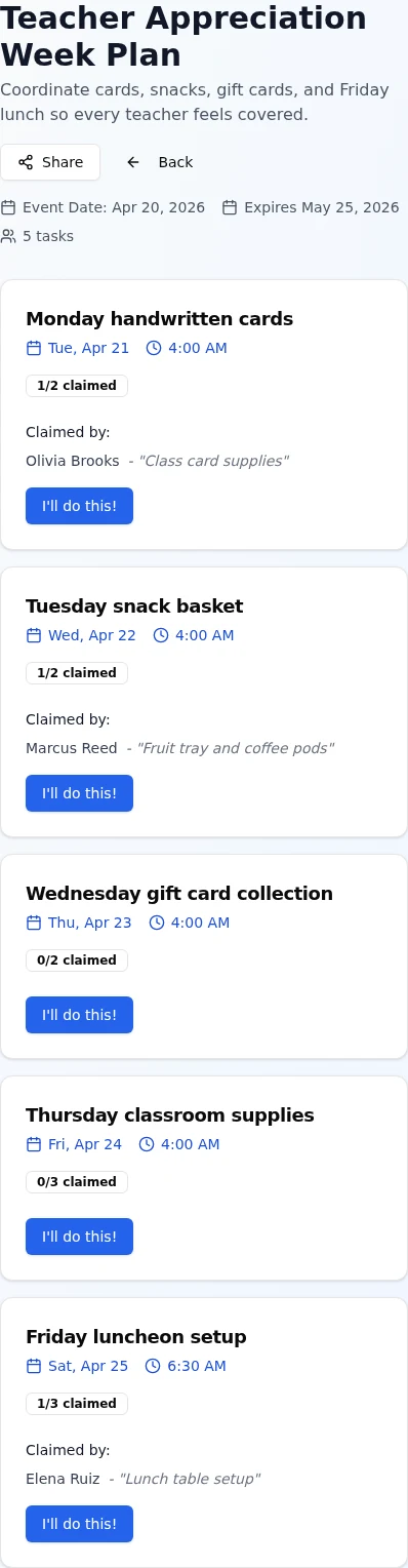 Mobile school volunteer board in GatherTasks with claimed and open tasks.