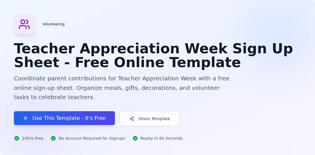 Teacher Appreciation Week template page in GatherTasks with a focused setup call to action.
