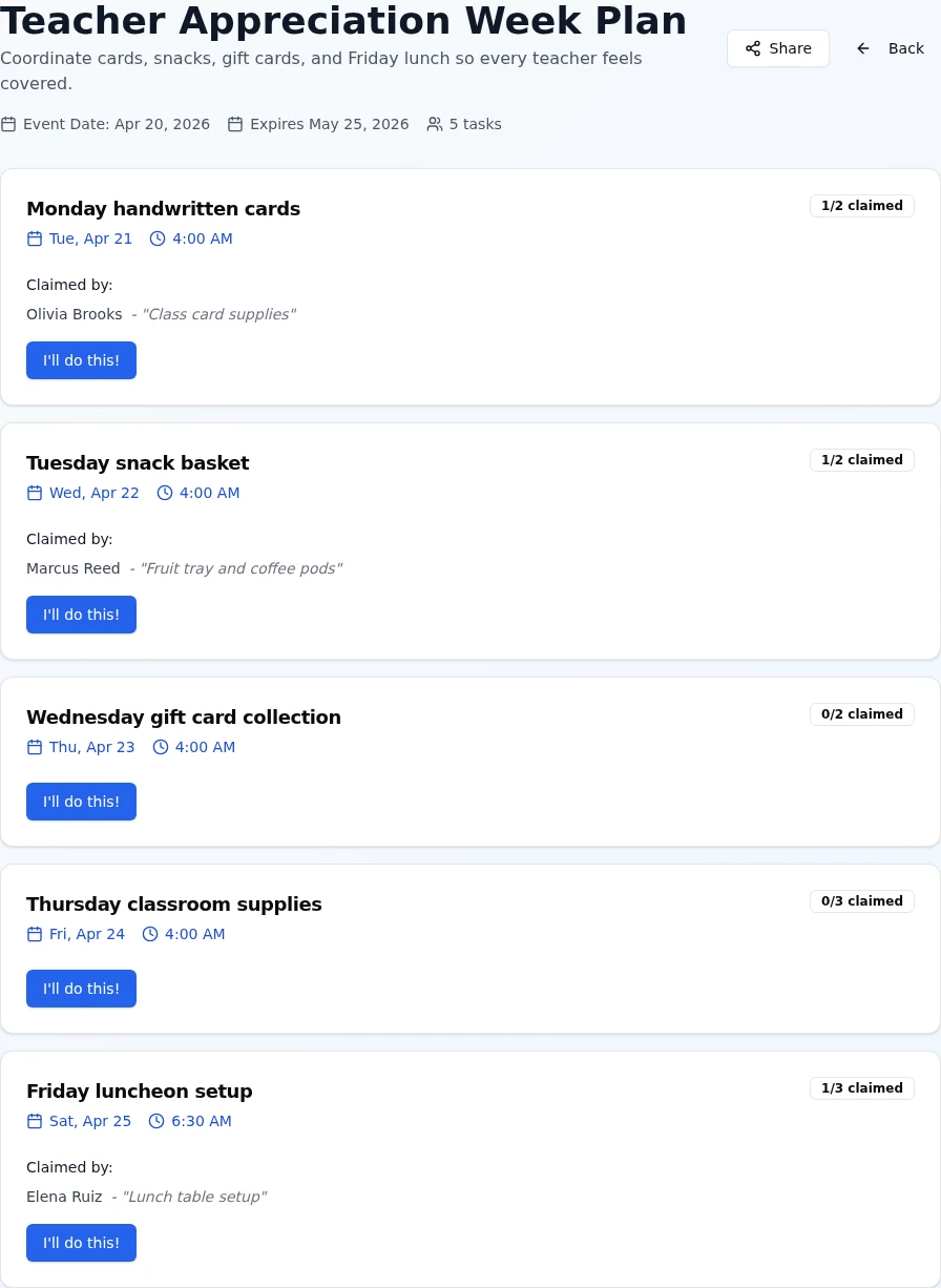 Teacher appreciation sign-up board with several snack, gift, and setup slots already claimed.