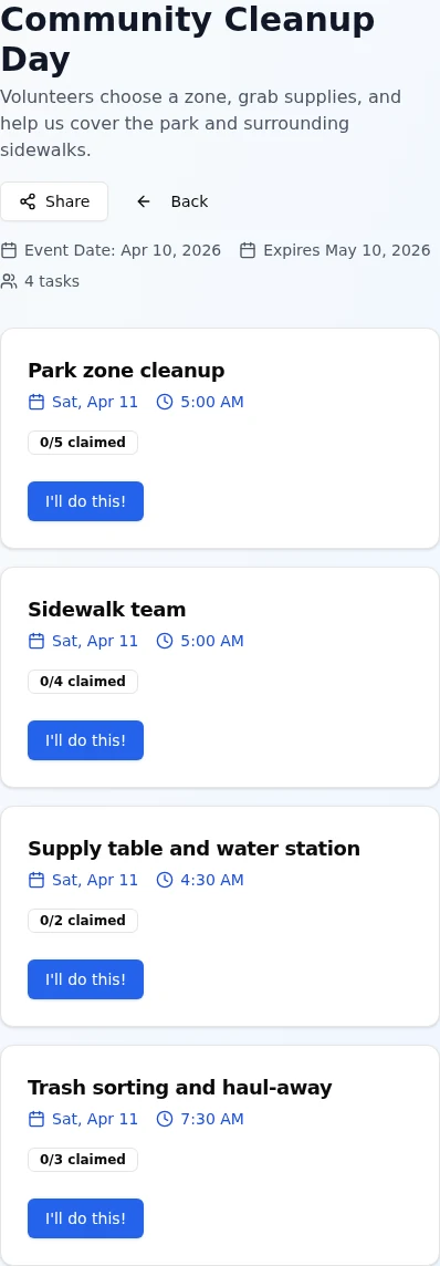 Mobile event sign-up board in GatherTasks.