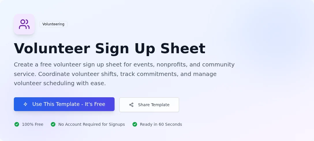 Volunteer sign-up template page in GatherTasks with the main call to action and summary.