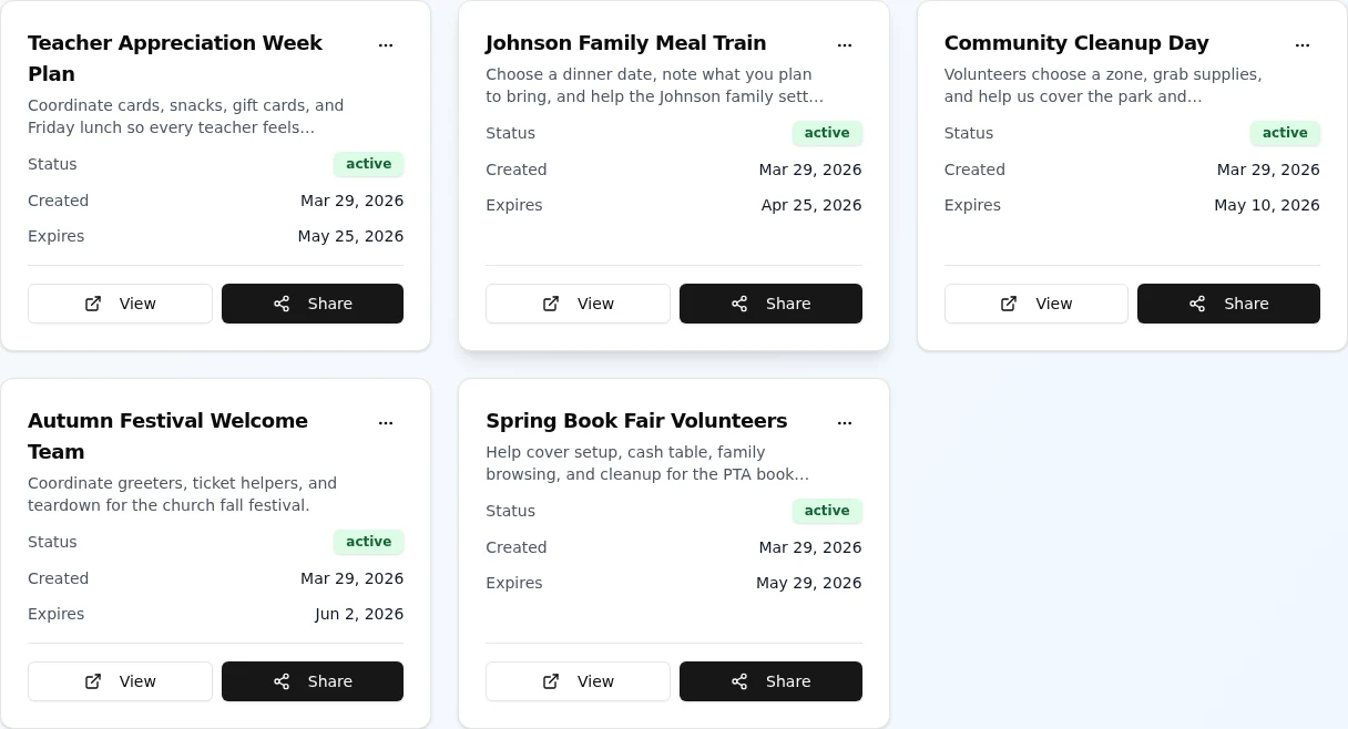 GatherTasks organizer dashboard with multiple active boards.